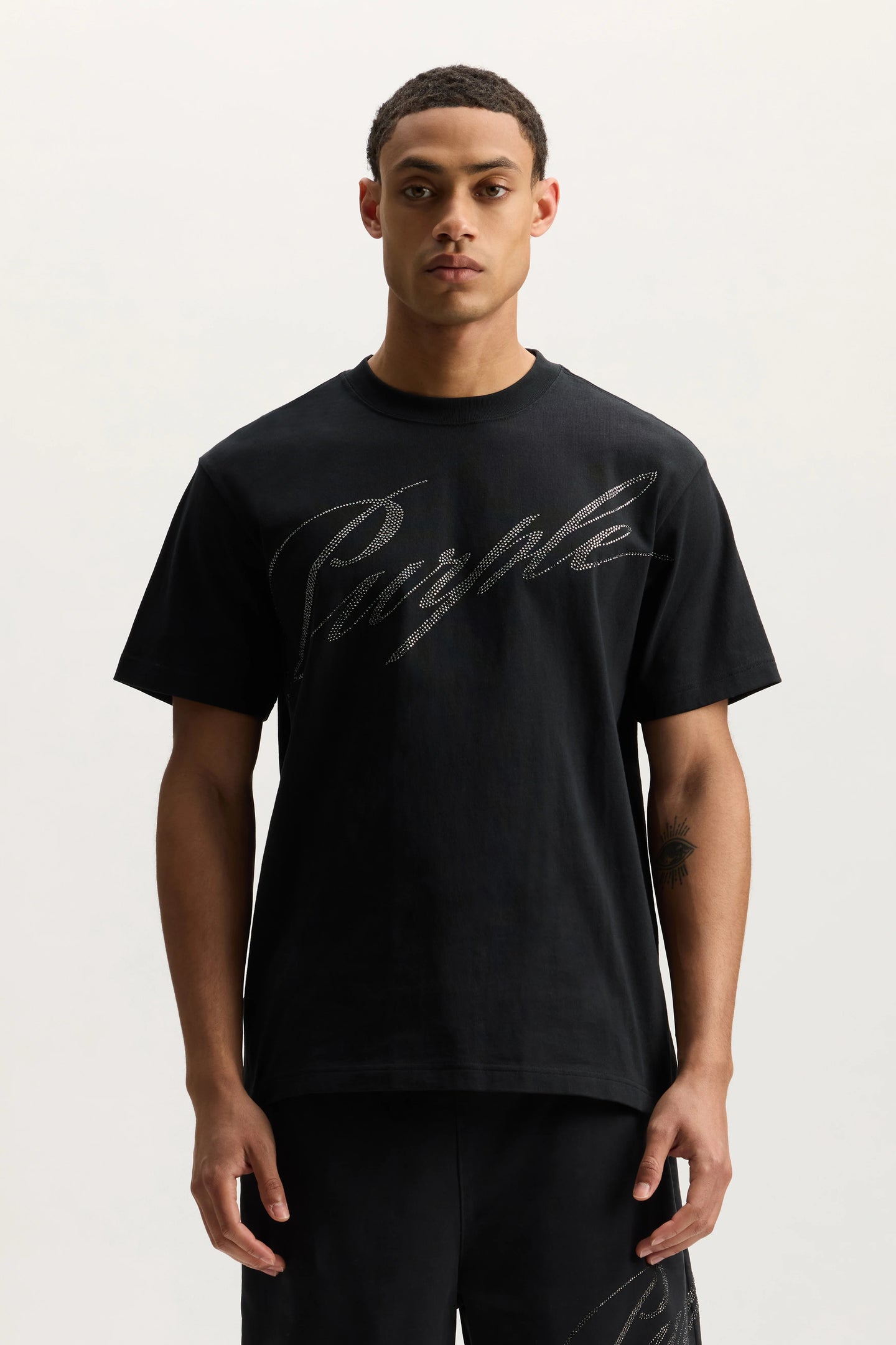 Purple Brand Crystal Slanted Script Tee Black