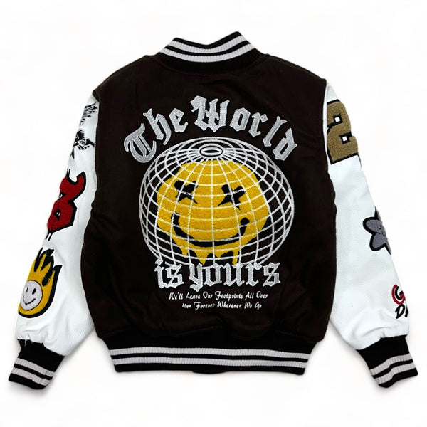 focus (kids brown "The world is yours varsity jacket)