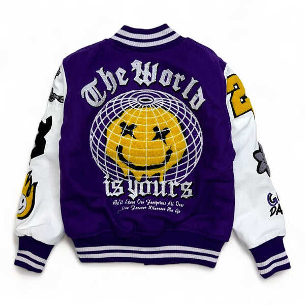focus (kids purple "The world is yours varsity jacket)