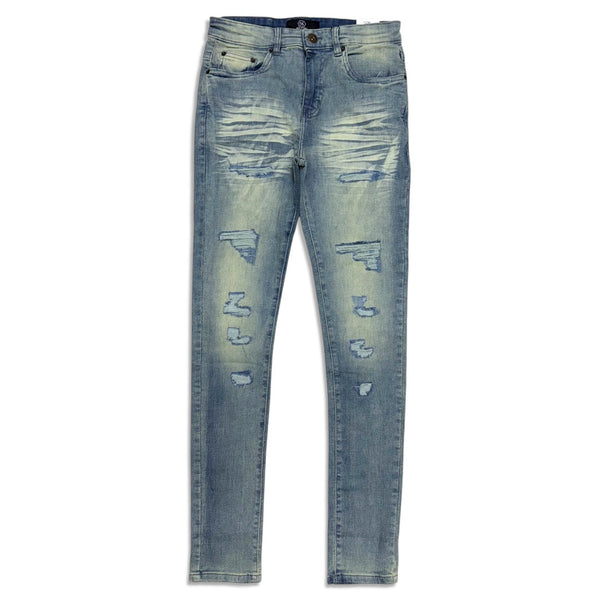 Dnm Story Men's vintage blue  wash bottom ripped jean