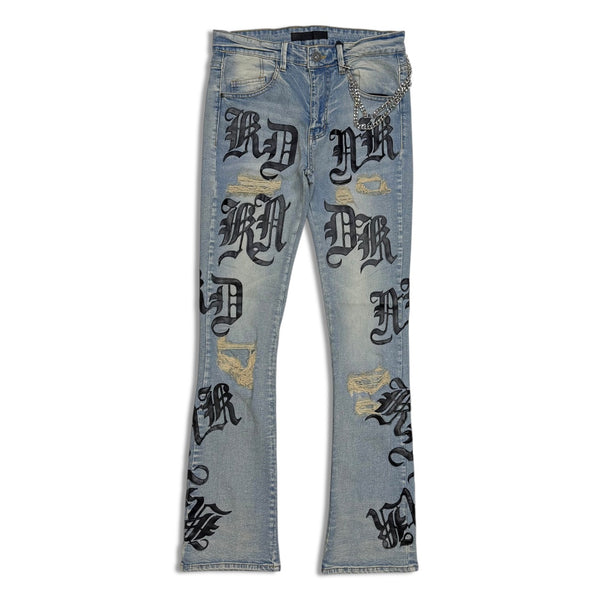 KDNK Men’s Stacked Jeans – Blue Wash Letter Print