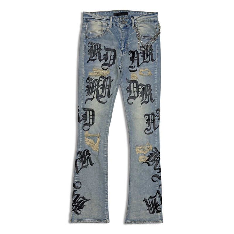 KDNK Men’s Stacked Jeans – Blue Wash Letter Print
