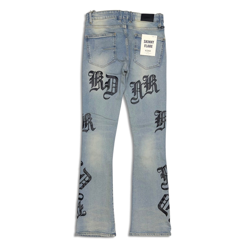 KDNK Men’s Stacked Jeans – Blue Wash Letter Print