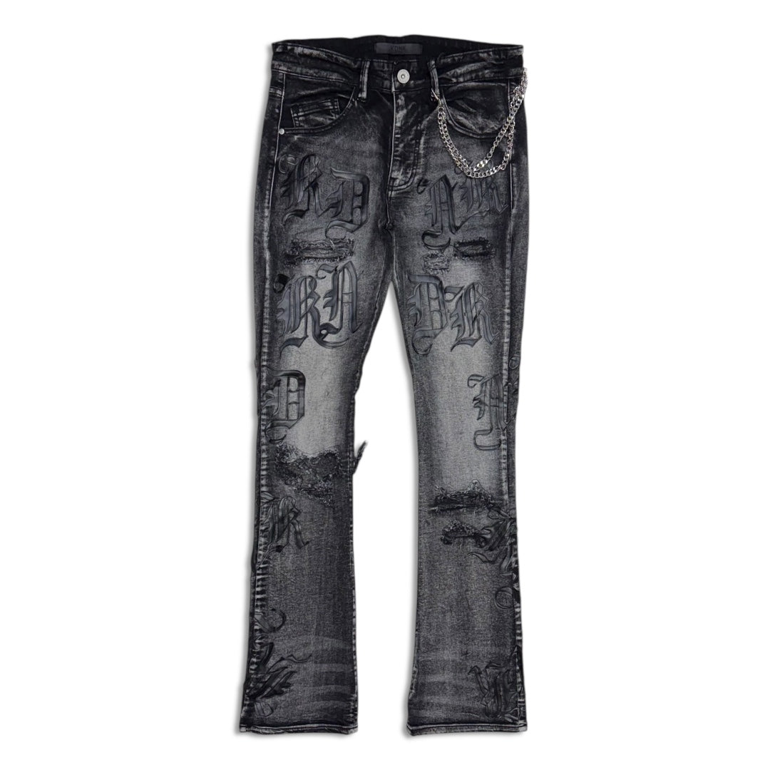 KDNK Men’s Stacked Jeans – Black Wash Letter Print