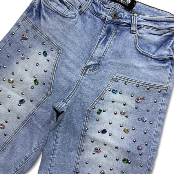 Vicious Denim Men's Embellished Multicolor Gem denim shorts - Light blue