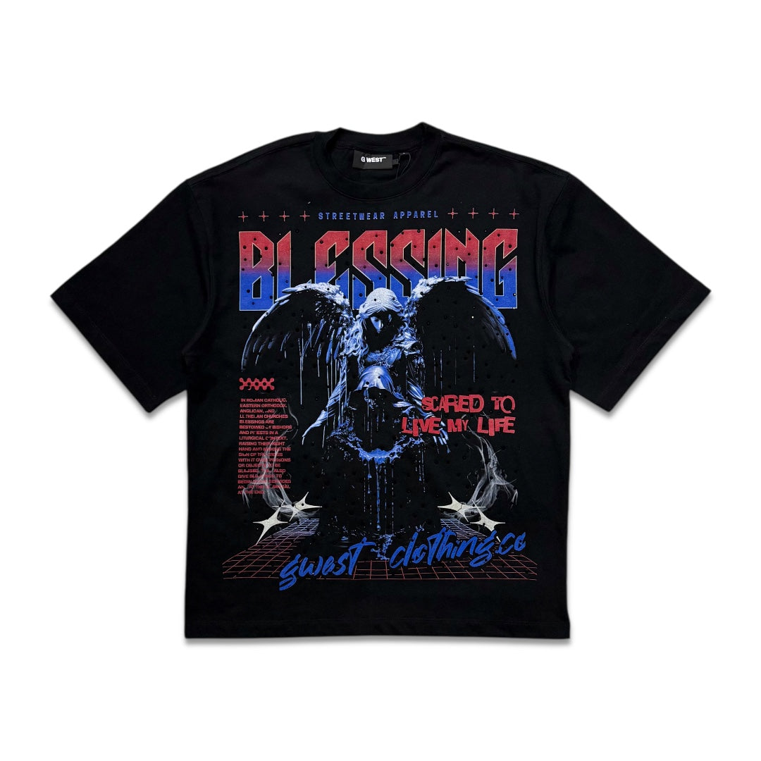 G West Men's Blessing Rhinestone Graphic Tee Black/Red/Royal blue