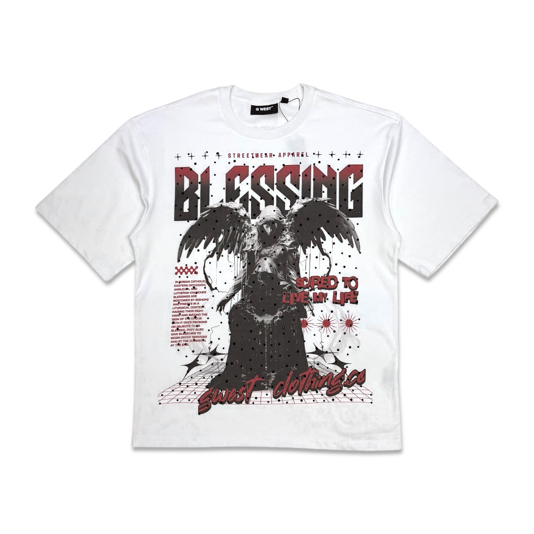 G West Men's Blessing Rhinestone Graphic Tee White/Red/Black