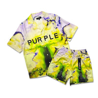 Purple Brand lyocell logo camp button down short set multicolor