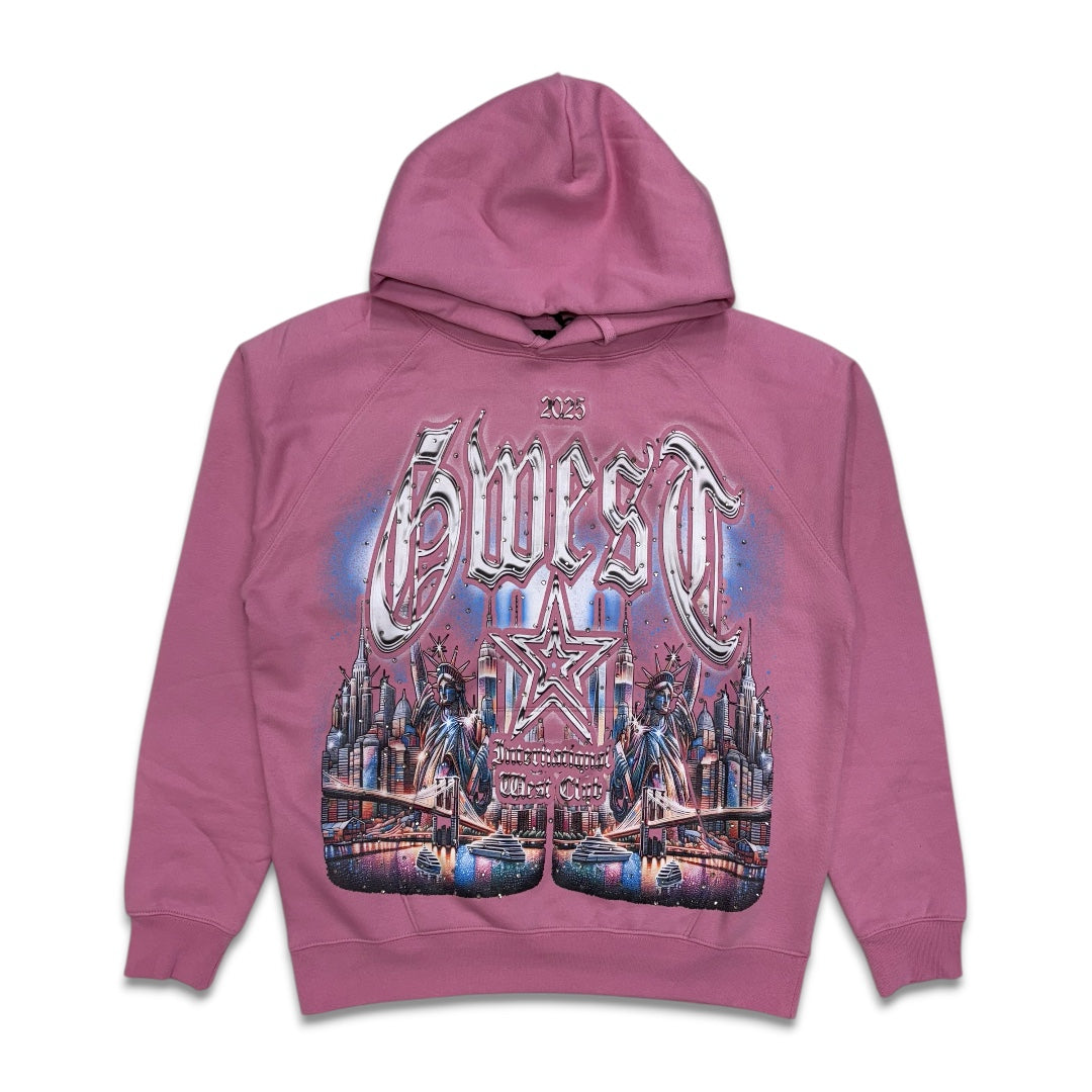 G west Men's Rhinestone Skyline Star Hoodie Pink /Multicolor