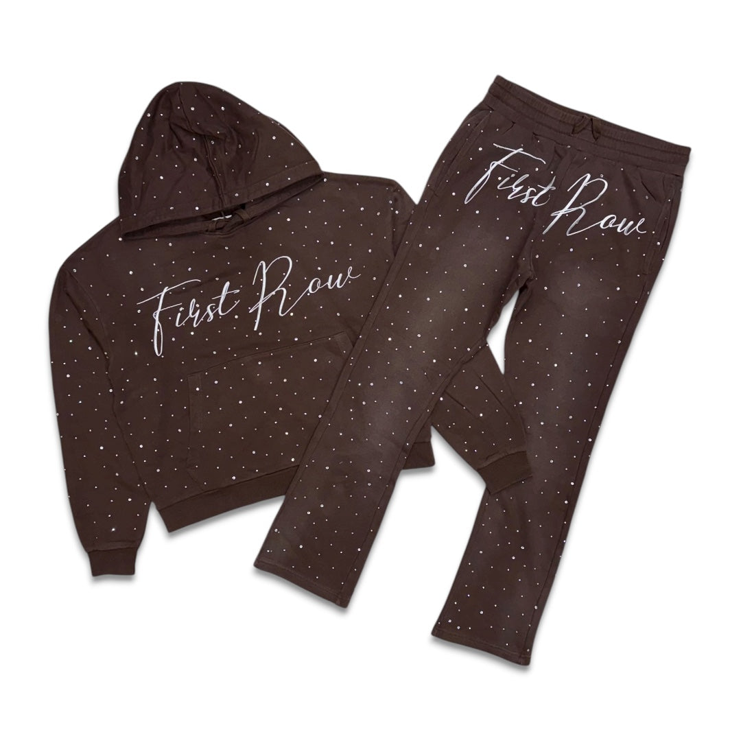 First Row Allover Rhine Stone Stacked Jogger set Dark brown