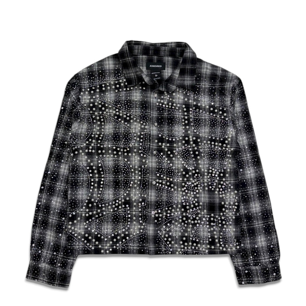 Kindred Men’s Cropped Rhinestone Pearl Flannel Shirt Black