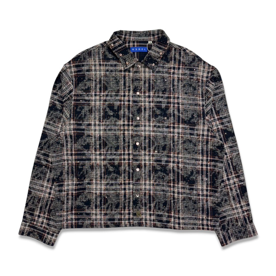 Rebel Denim Cropped Rhinestone Flannel Navy