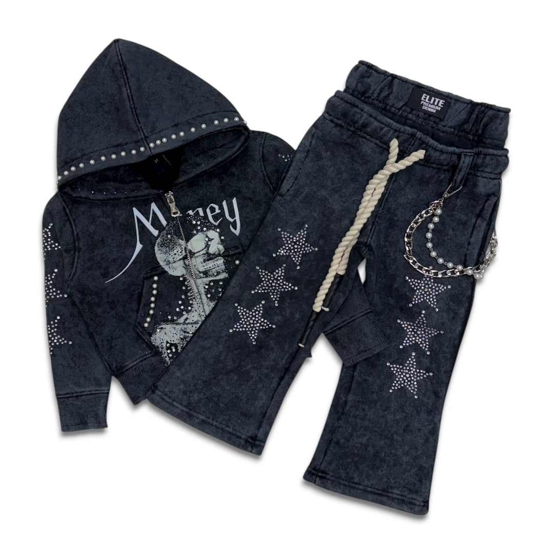 Elite Denim Kids Vivid Premium Heavy Rhinestone Jogger Set Black