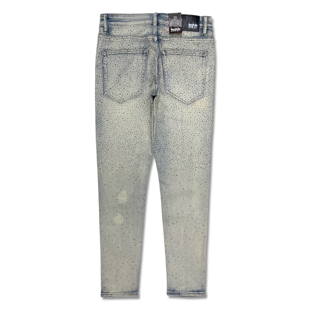 Denimicity Men's Rhinestone Skinny Jeans Bleached Vintage Wash