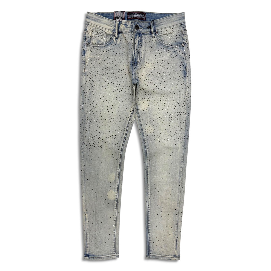 Denimicity Men's Rhinestone Skinny Jeans Bleached Vintage Wash