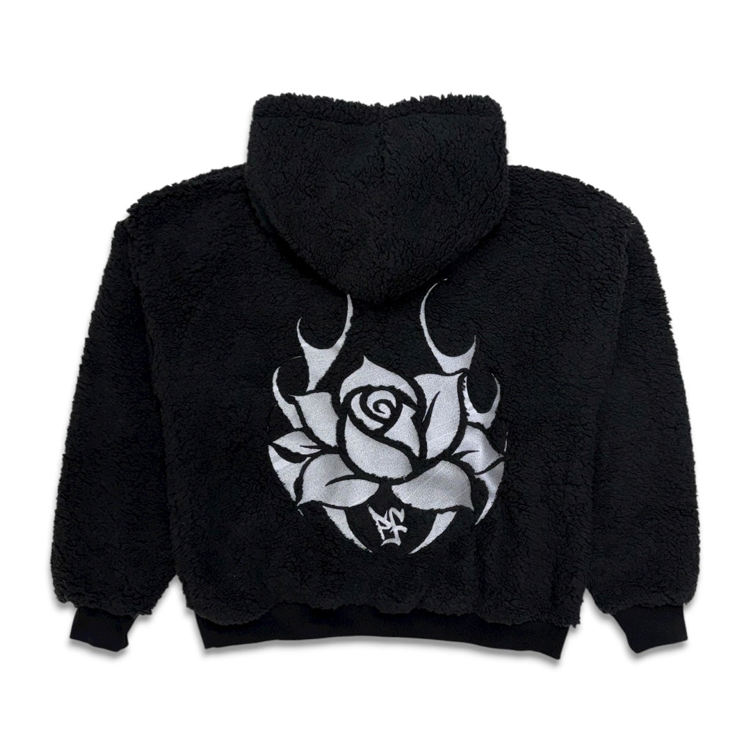Pushin Flowers Faux Shearling Fleece Hoodie Black