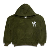 Pushin Flowers Faux Shearling Fleece Hoodie Olive Green