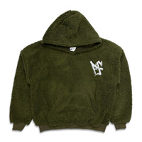 Pushin Flowers Faux Shearling Fleece Hoodie Olive Green