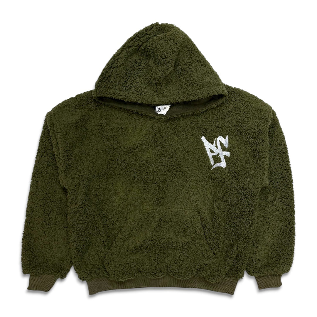 Pushin Flowers Faux Shearling Fleece Hoodie Olive Green