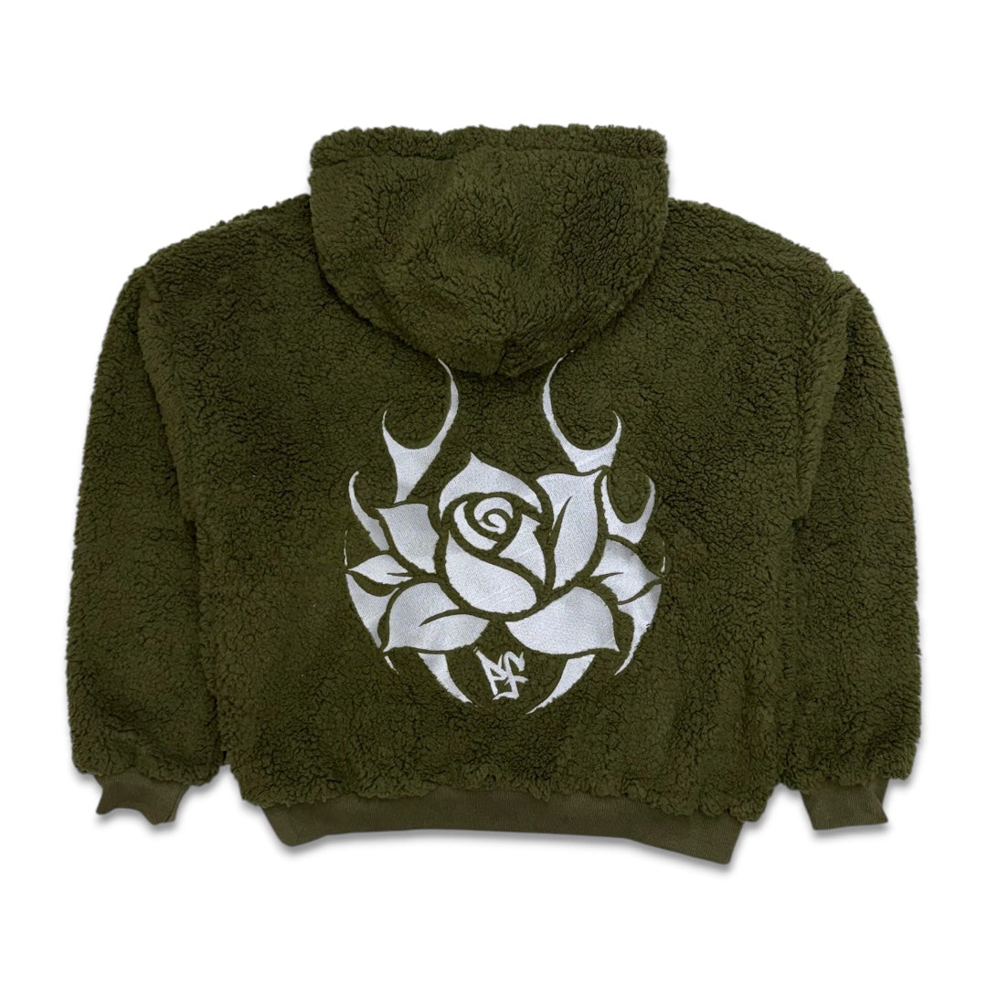 Pushin Flowers Faux Shearling Fleece Hoodie Olive Green