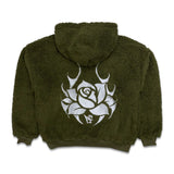 Pushin Flowers Faux Shearling Fleece Hoodie Olive Green