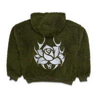 Pushin Flowers Faux Shearling Fleece Hoodie Olive Green