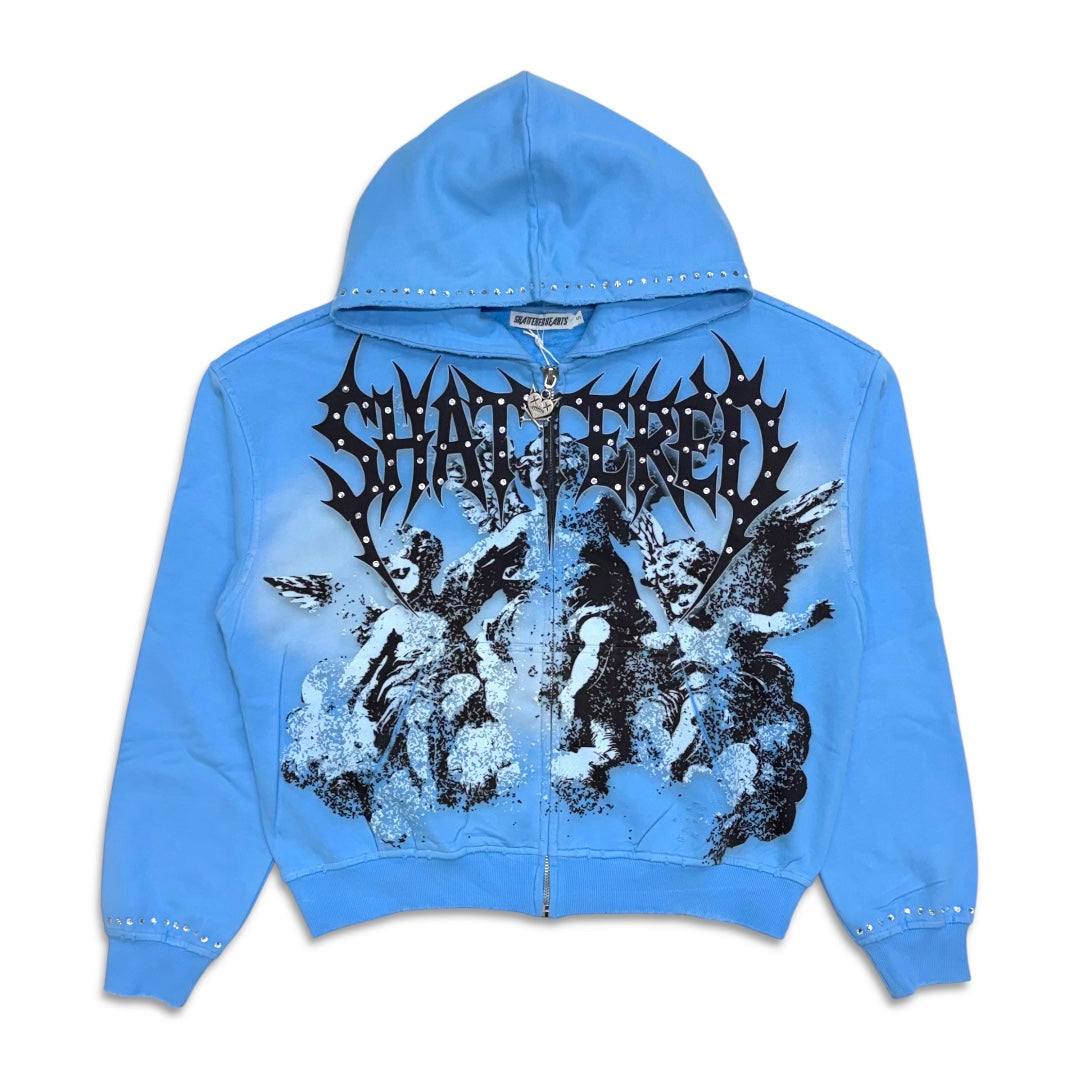 Shattered Hearts On The Clouds Rhinestone Hoodie Blue