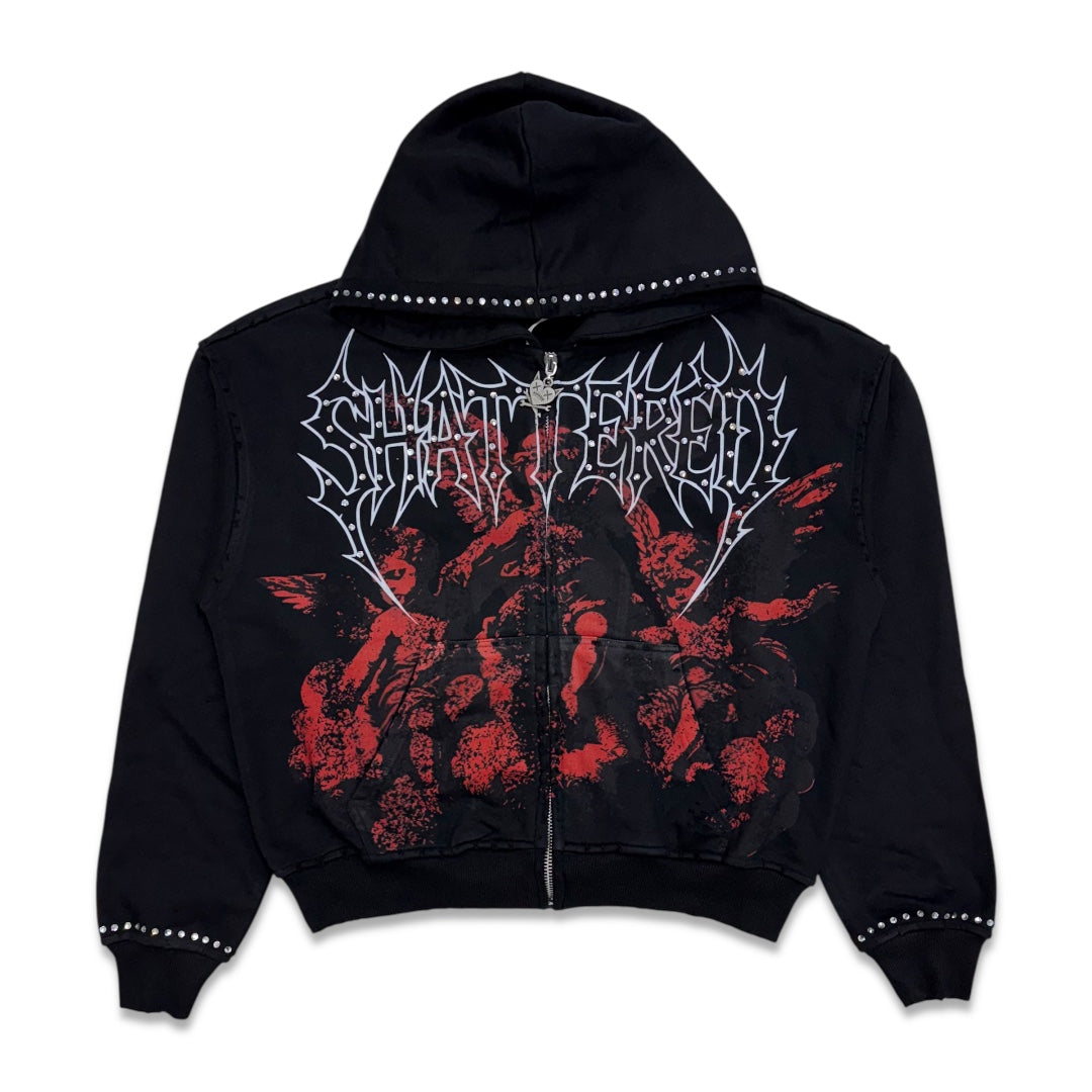 Shattered Hearts On The Clouds Rhinestone Hoodie Black Red