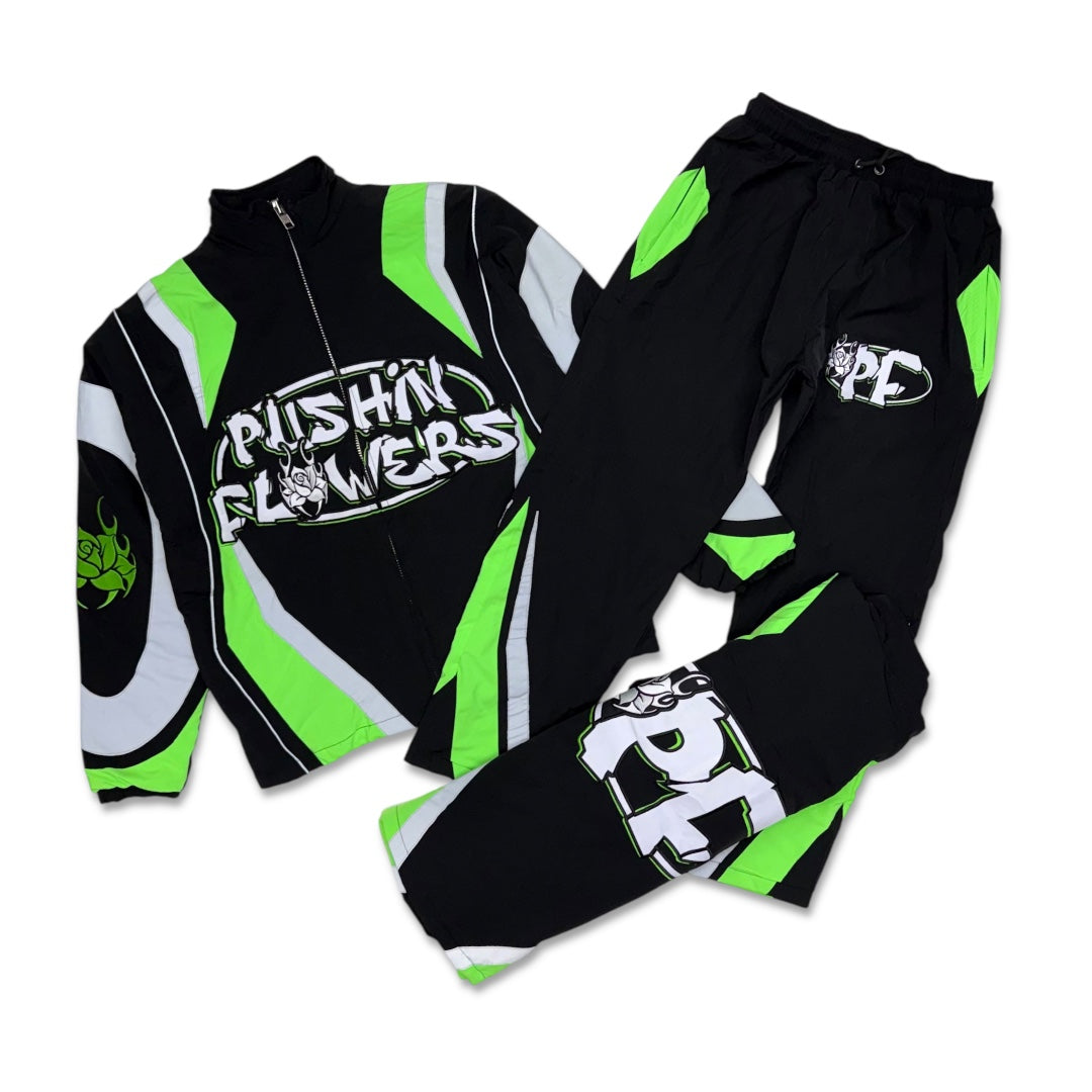 Pushin Flowers Tracksuit Black/lime green