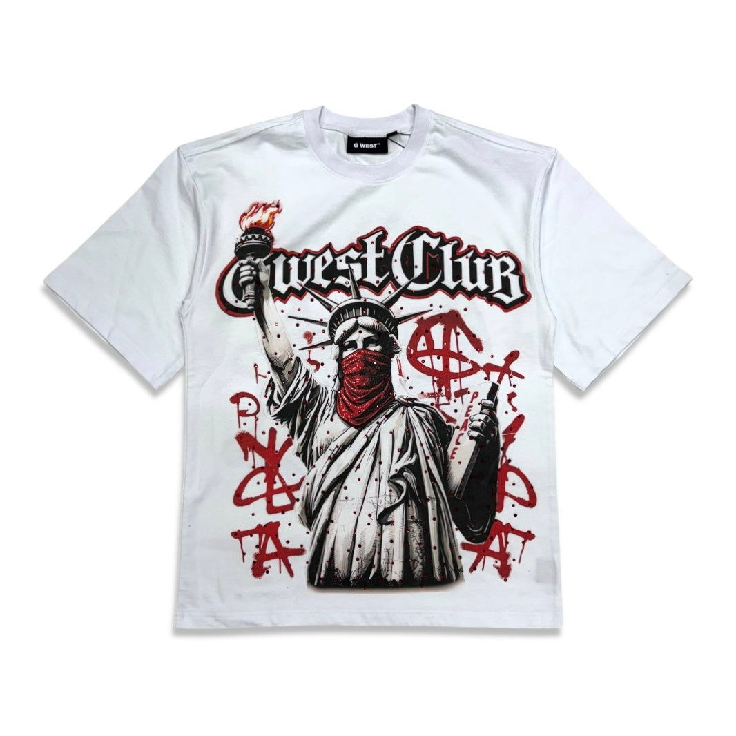 G West Club Liberty Peace Rhinestone Tee White/Red