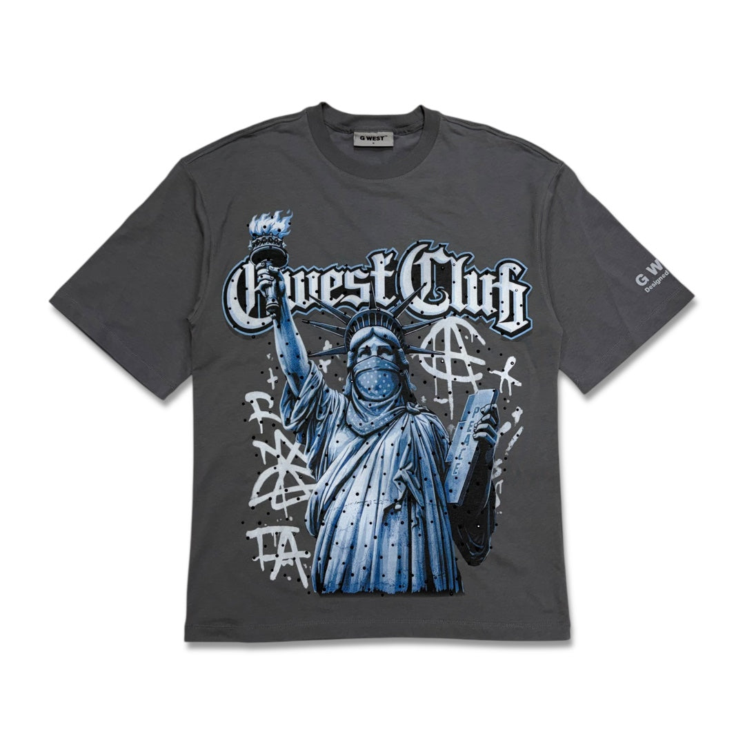 G West Club Liberty Peace Rhinestone Tee Grey/Blue