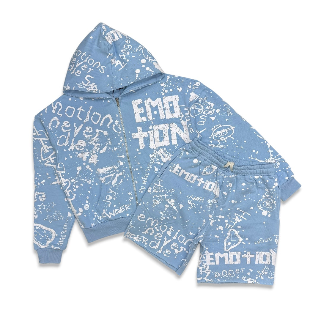 Mixed Emotion Graffiti Short Set Sky Blue