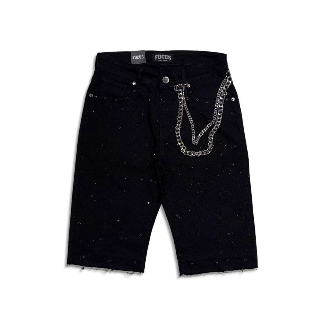 Focus Crystal Rhinestone Denim Shorts Jet Black