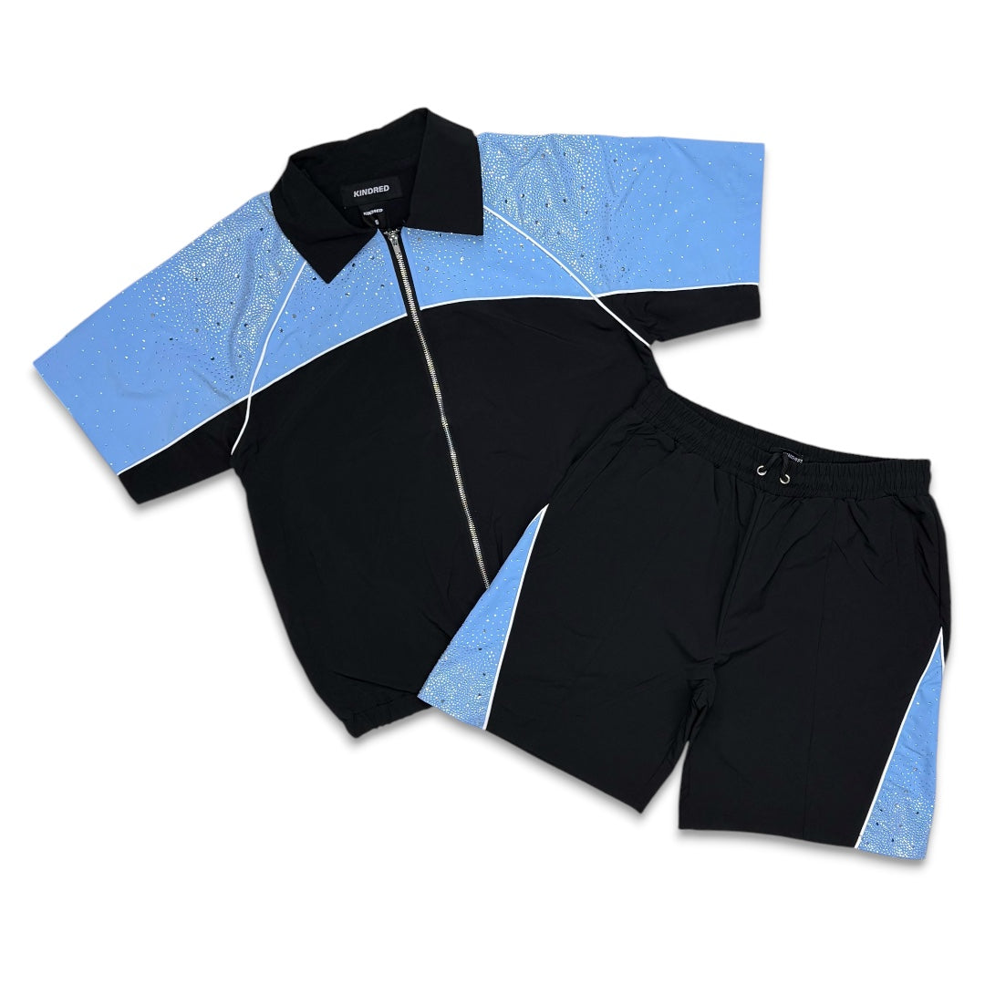 Kindred Rhinestone Track Short Set Black/Carolina Blue