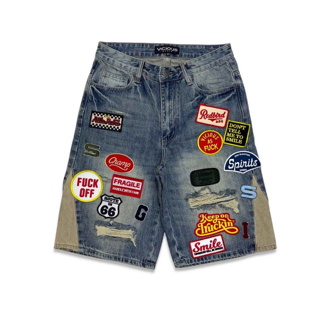 Vicious Denim All Over Patch Shorts Indigo