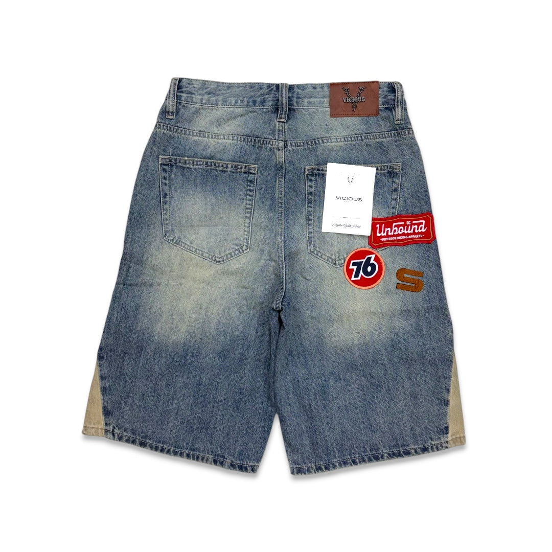 Vicious Denim All Over Patch Shorts Indigo