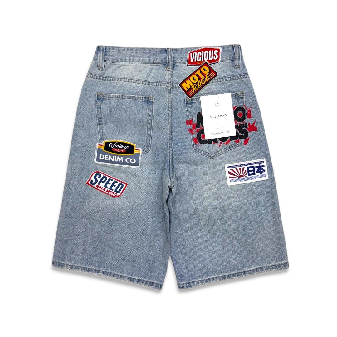 Vicious Denim All Over Artwork Patch Shorts light blue