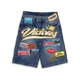 Vicious Denim All Over Artwork Patch Shorts Dark Indigo