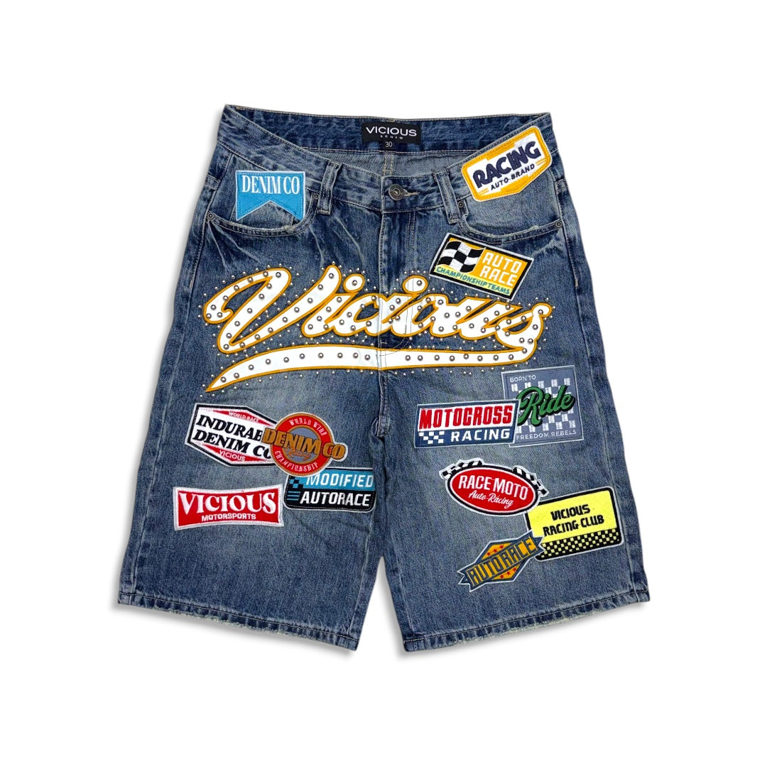 Vicious Denim All Over Artwork Patch Shorts Dark Indigo