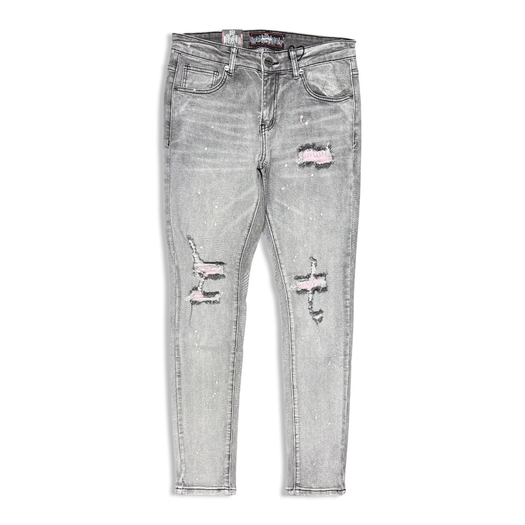 Denimicity Men's Cut Patched Splatter Paint Jeans Grey/Pink