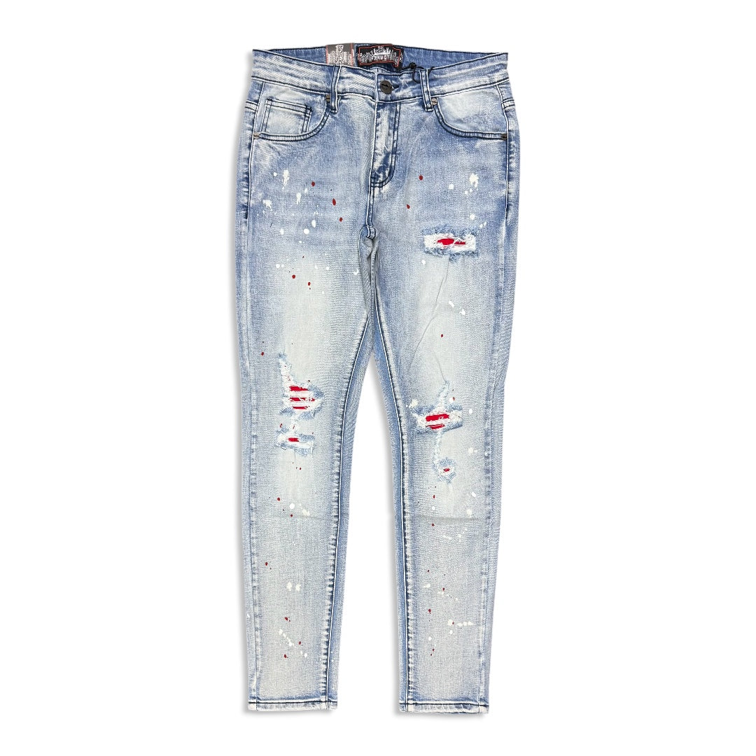 Denimicity Men's Cut Patched Splatter Paint Jeans Light Blue/Red