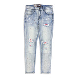 Denimicity Men's Cut Patched Splatter Paint Jeans Light Blue/Red