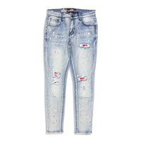 Denimicity Men's Cut Patched Splatter Paint Jeans Light Blue/Red
