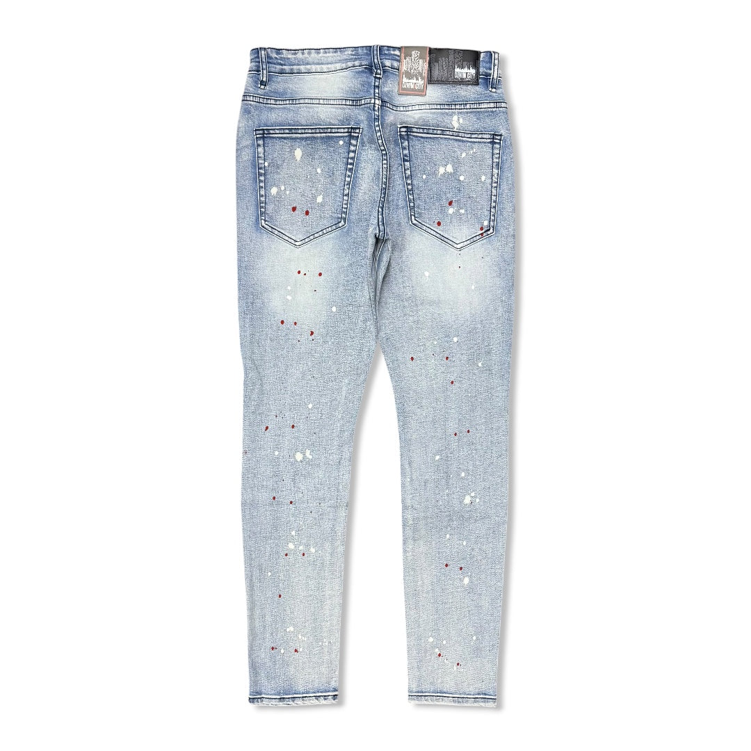 Denimicity Men's Cut Patched Splatter Paint Jeans Light Blue/Red