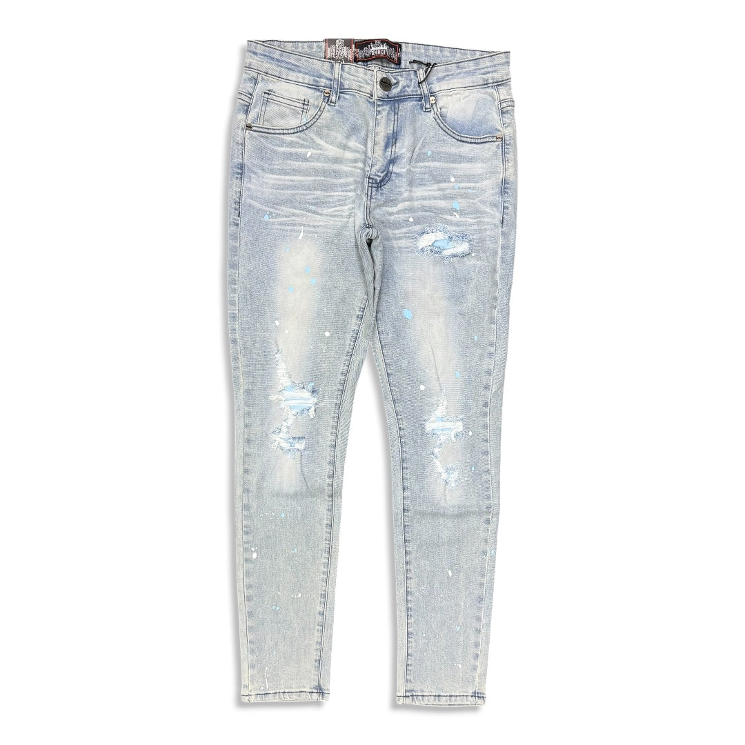 Denimicity Men's Cut Patched Splatter Paint Jeans Light Blue/ Baby Blue