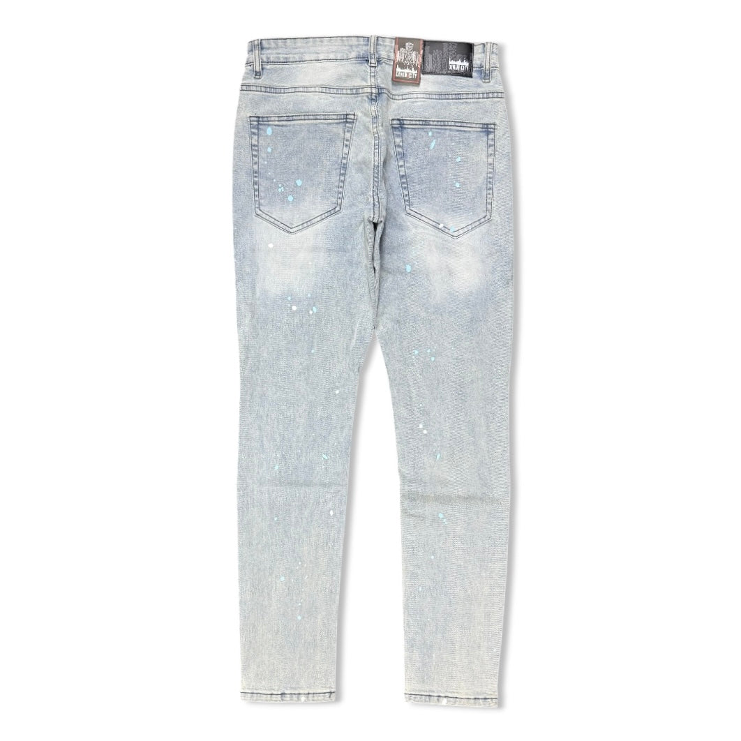 Denimicity Men's Cut Patched Splatter Paint Jeans Light Blue/ Baby Blue