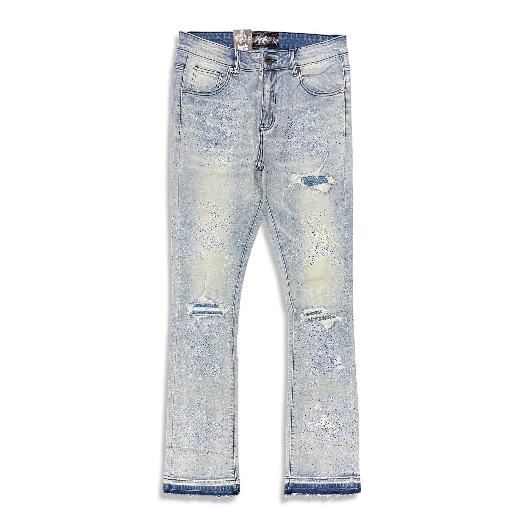 Denimicity Men's Light Blue/Carolina Blue Cut Patched Rhinestone Stacked Jeans