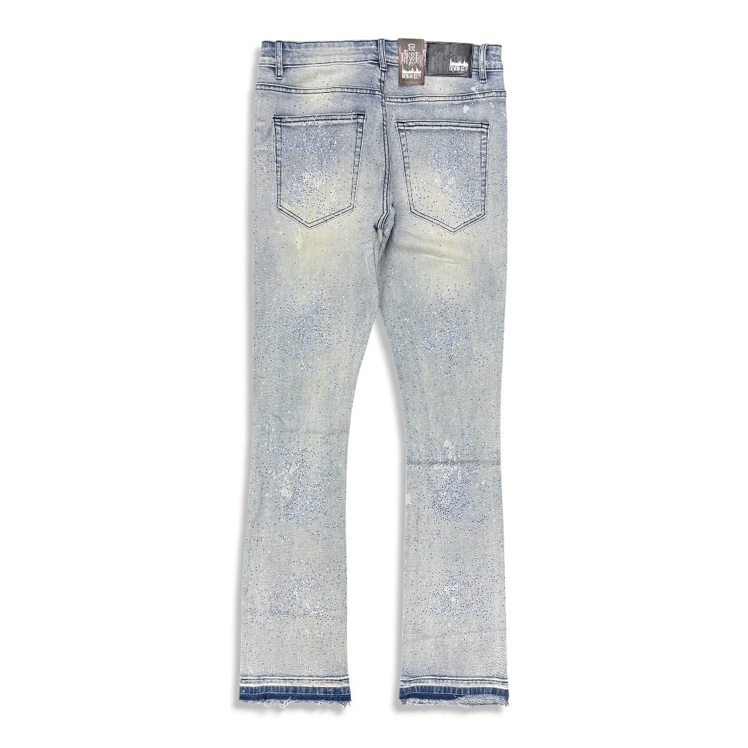 Denimicity Men's Light Blue/Carolina Blue Cut Patched Rhinestone Stacked Jeans