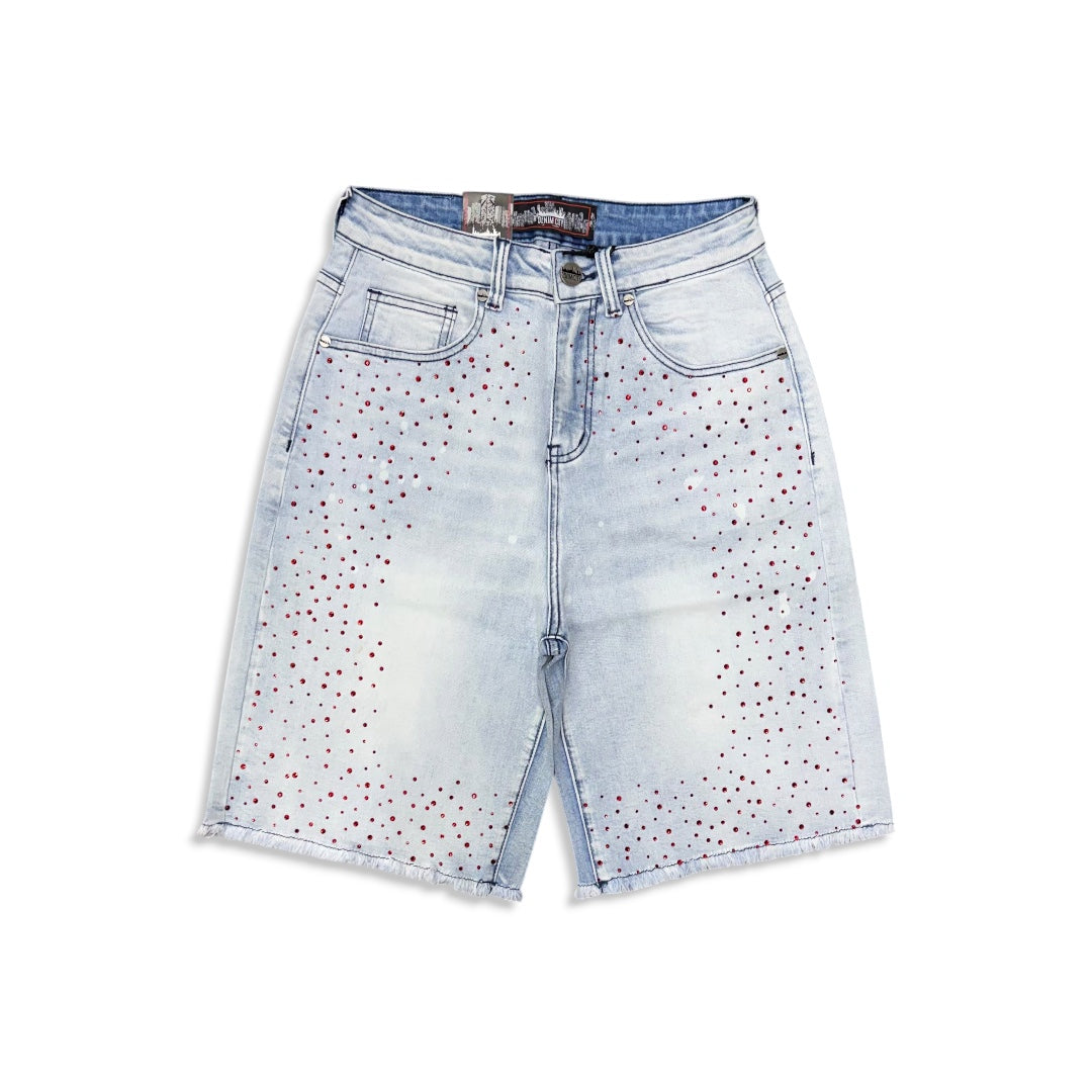 Denimicity Men's Light Blue/Red Rhinestone Denim Shorts