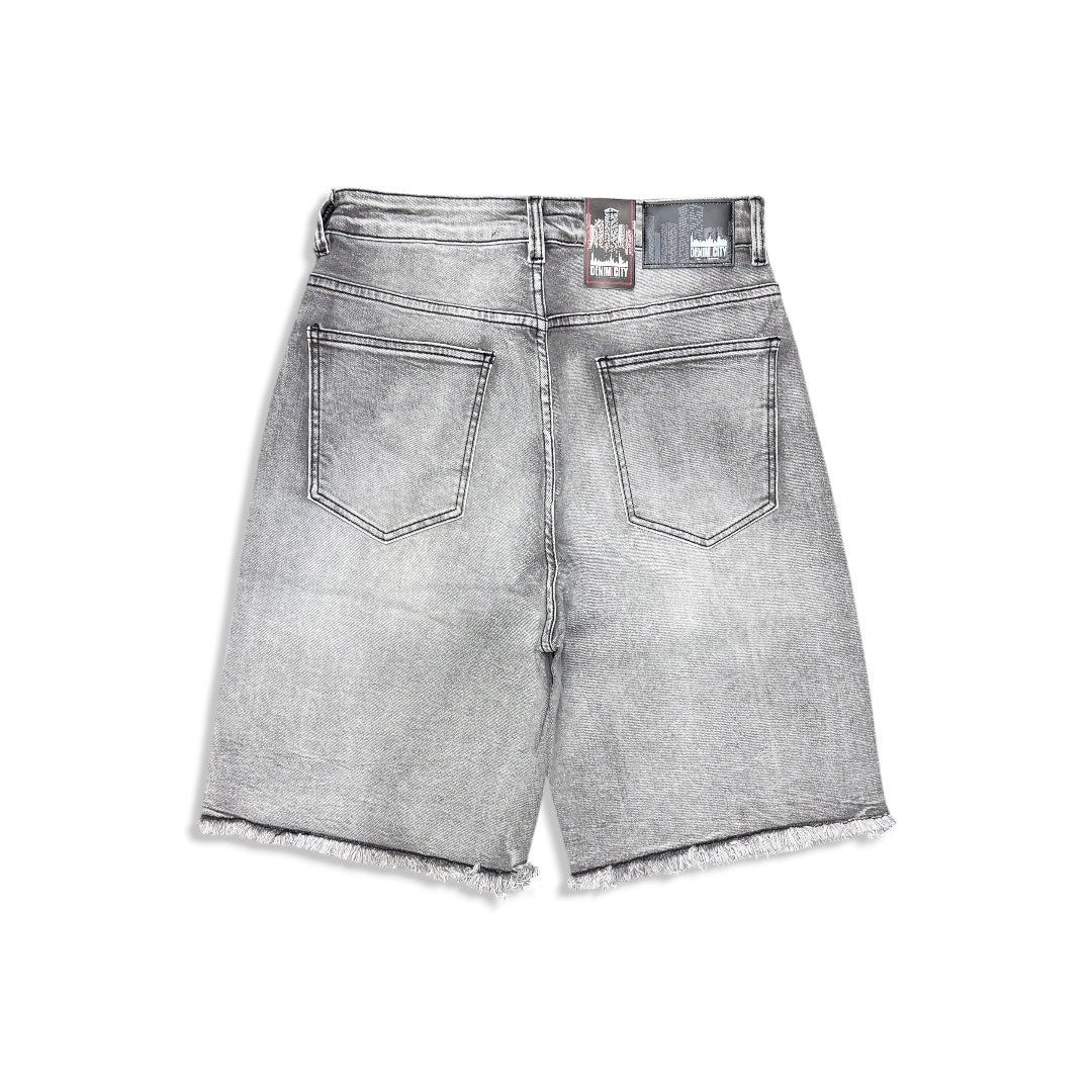 Denimicity Men's Grey/Pink Rhinestone Denim Shorts